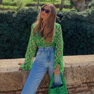 ZARA geometric print sheer shirt blouse with ruffles blogger favorite